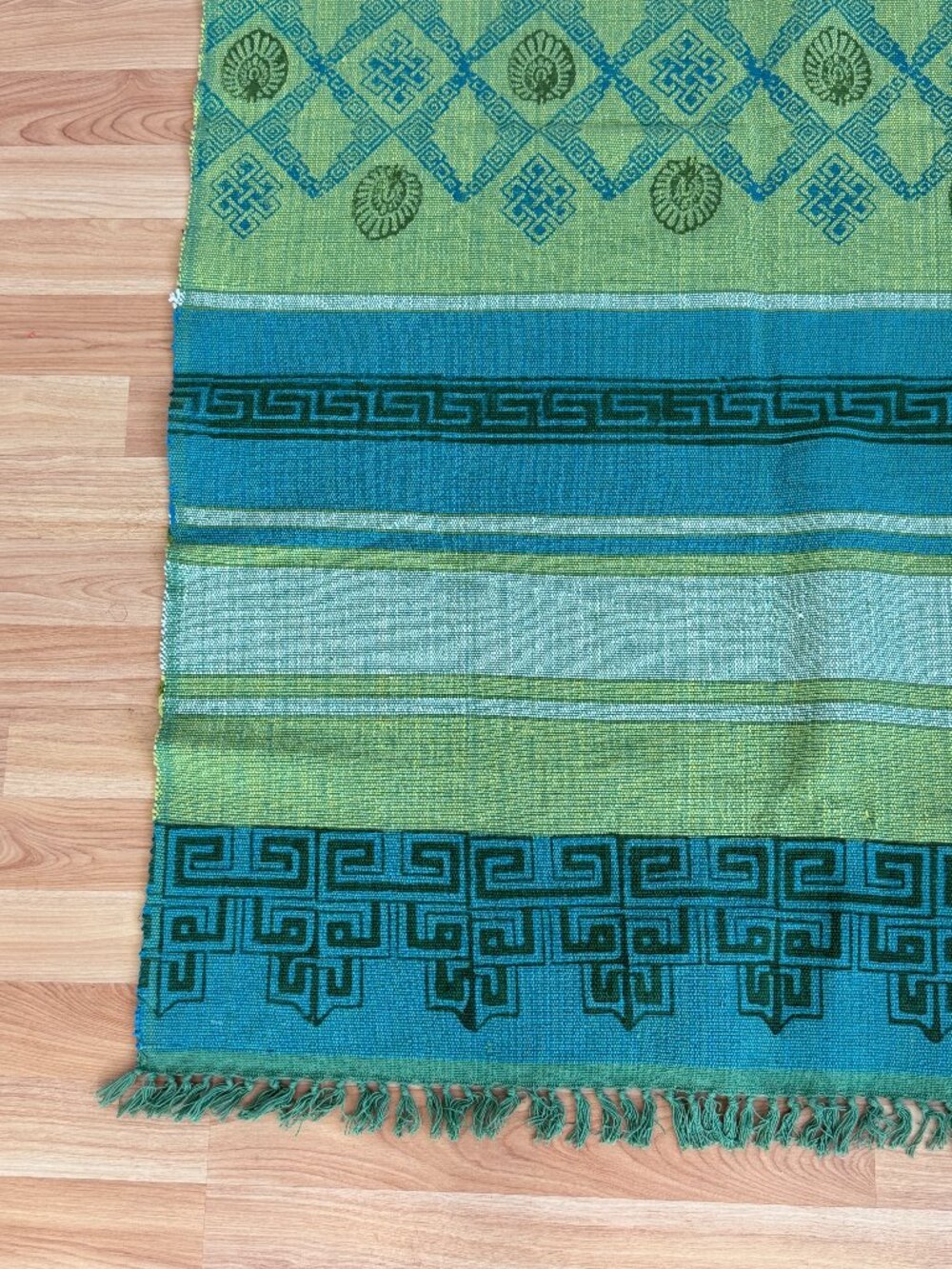 Nepalese Yoga Mat, Rug or Throw, Handwoven & Block Printed Greens & Turquoises
